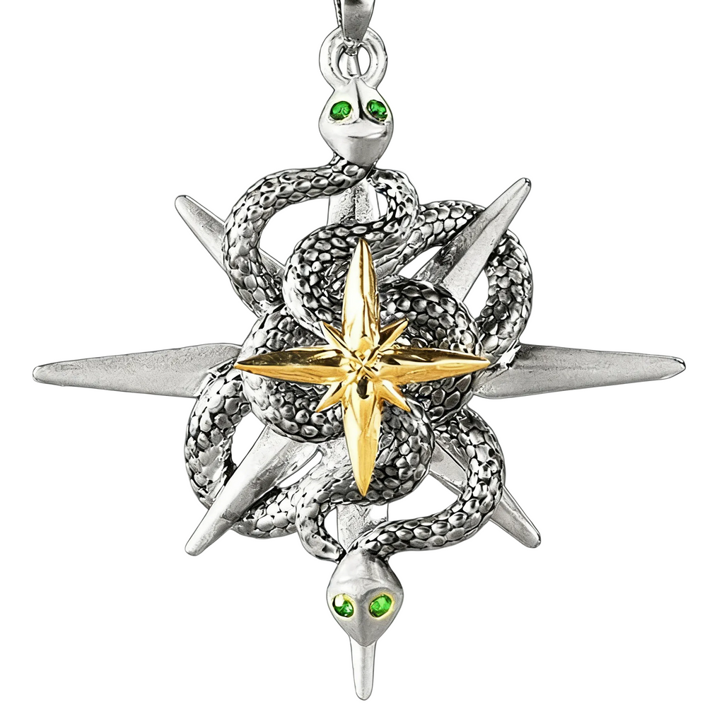 Material: Copper, Stainless Steel, Crystal Stone, Agate

Twin serpents entwine, head to tail —
death, then rebirth,
forming an eternal cycle of civilization.
The serpent’s head is adorned with an emerald gemstone,
its deep, watchful gaze
a fusion of mystery and power.