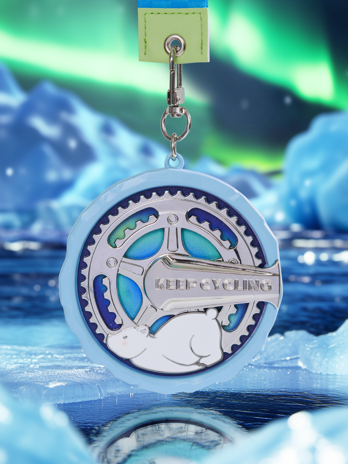 A cute polar bear is embedded in the medal.
 It rotates along with the cycling gear,
 carrying deeper meaning within its innocent appearance.
 It symbolizes that every ride is a practice of low-carbon living,
 contributing to the protection of glaciers and the rescue of polar bears.