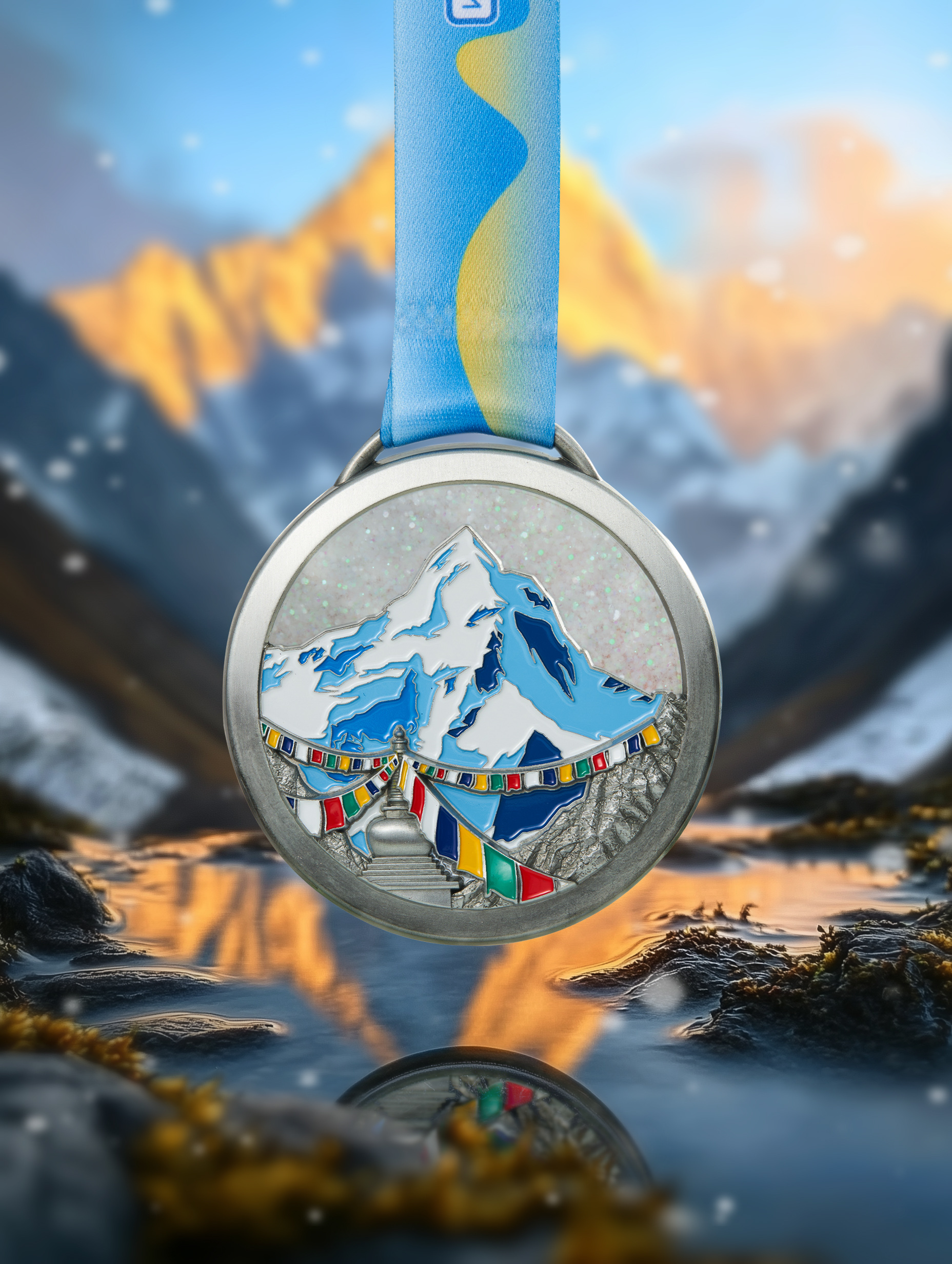 Back of the Medal
The “Golden Mountain in Sunlight” is both a spectacular natural wonder of the Tibetan region
and, due to its rarity, a symbol of luck and blessing,
representing being illuminated by sacred light and goodness.
An acrylic element with flowing sand is embedded into the design.
